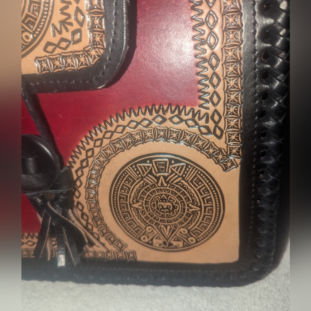 Handcrafted Leather Tooled Shoulder Bag - Black, Red, and Tan - Picture 8 of 9